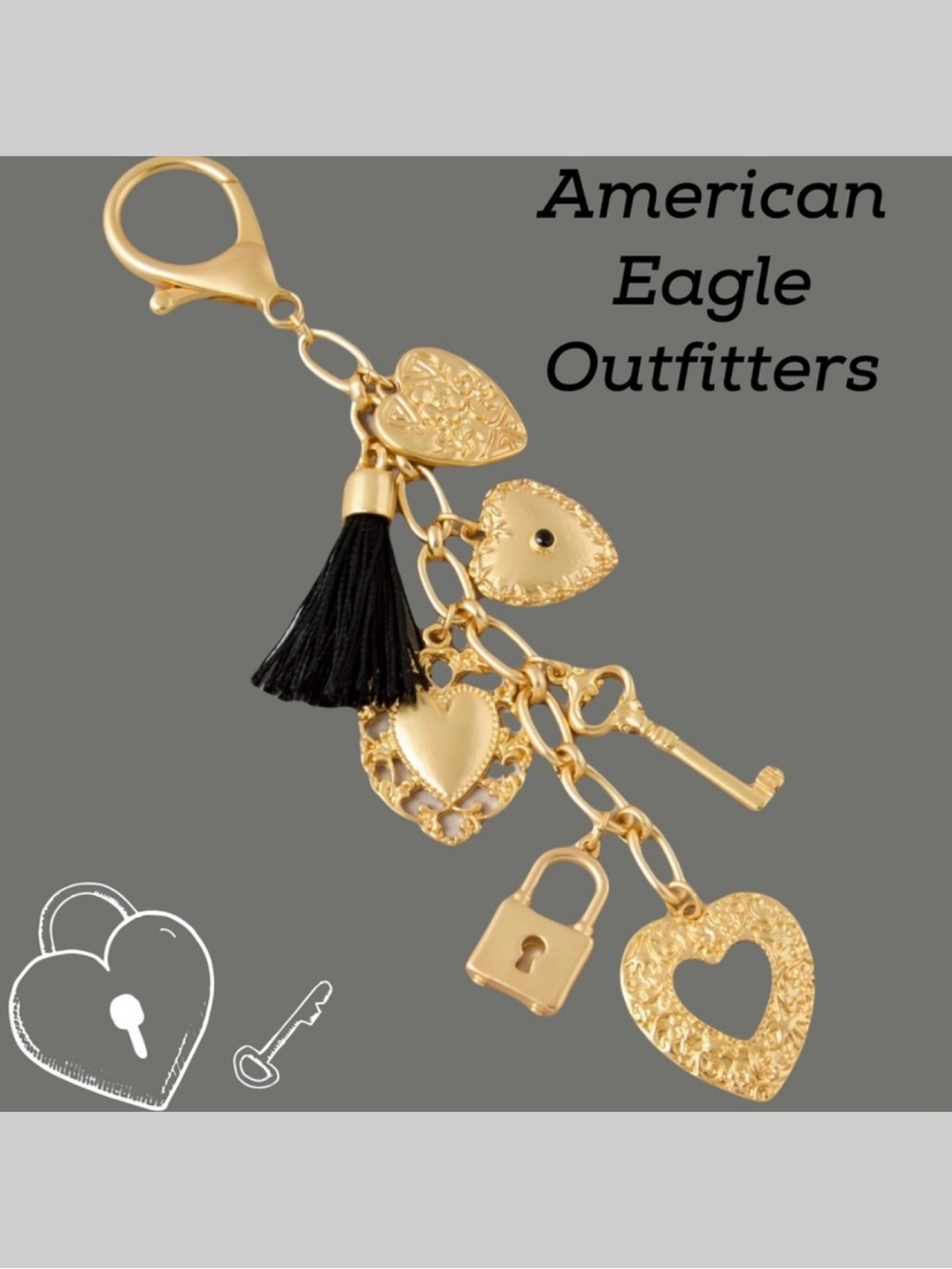 AEO Gold Toned Hearts & Locket Bag Charm